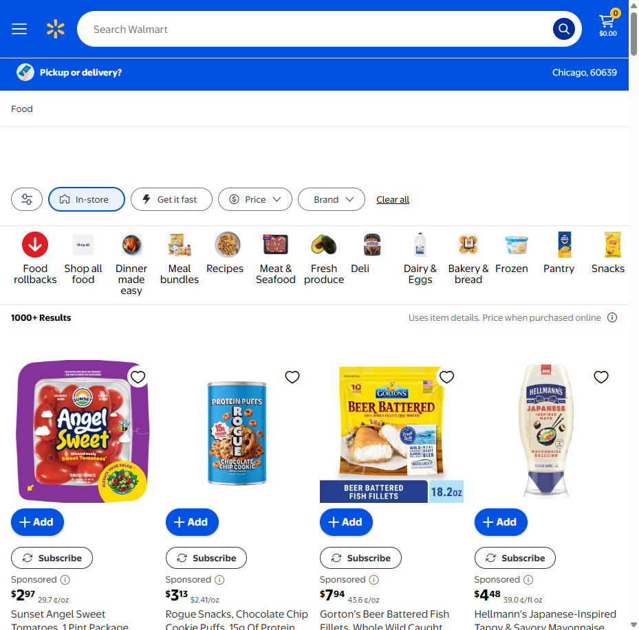 Walmart page header showing Chicago 60639 pickup store at run end